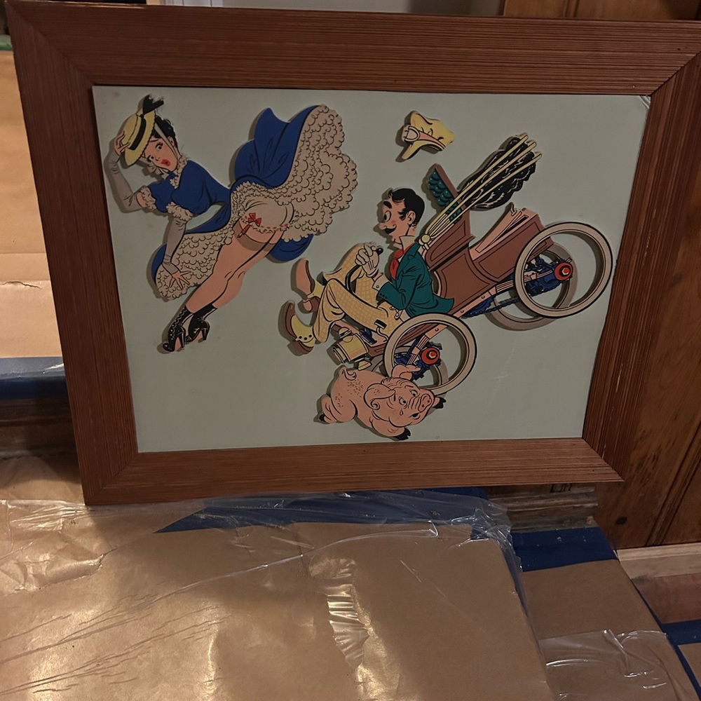 Vintage Cartoon Wall Art with Brown Frame